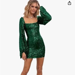 sparkle green homecoming mini dress. Long sleeved with tie in the back.